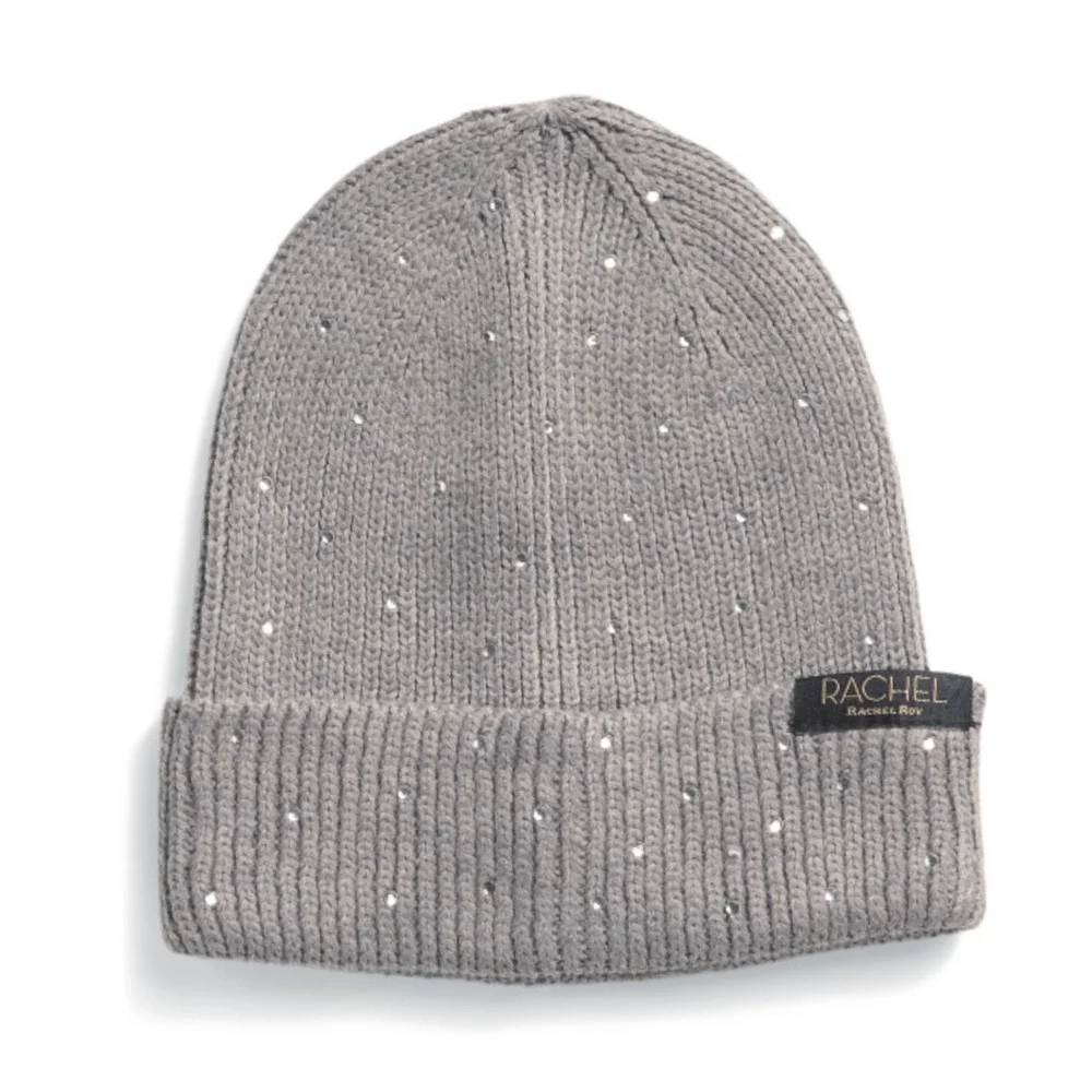 New RACHEL ROY Women's Rhinestone Embellished Beanie Rib Knit Cuffed Winter Hat - Picture 2 of 4